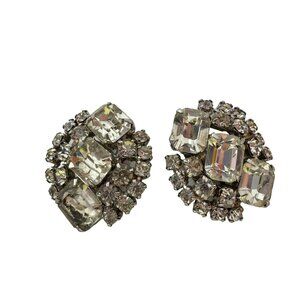 Vintage Clear Rhinestone Clip On Earrings Silver Tone